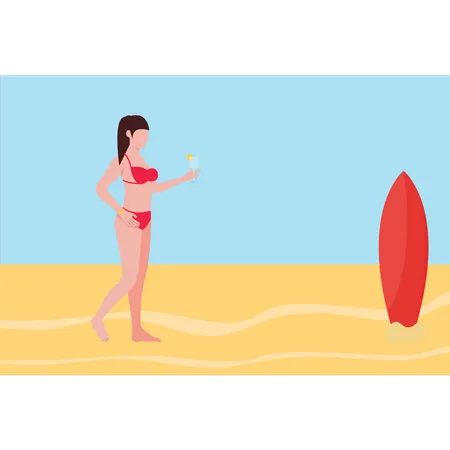 A Girl In A Bikini Is On The Beach イラスト