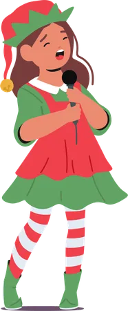 Child Girl In A Festive Christmas Costume Of The Elf Joyfully Sings Into A Microphone Kid Character Spreading Holiday Cheer With A Heartwarming Performance Cartoon People Vector Illustration Illustration