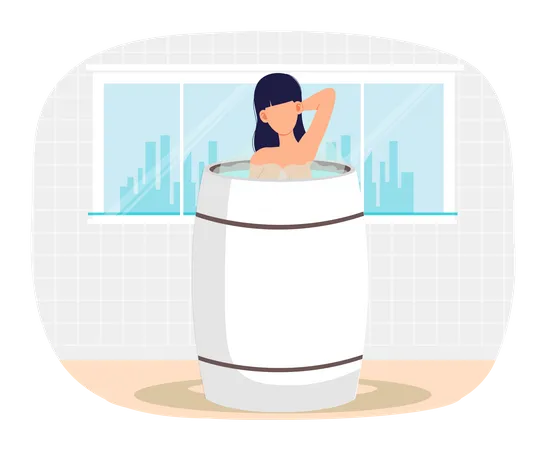 Young Woman Standing In White Tub Bathhouse Or Banya Modern Interior Design Girl In Barrel Is Resting In Sauna Female Character In Hot Water Person Is Cleaning Skin Putting Hand Behind Head Illustration