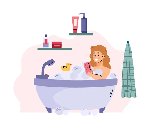 Girl in bathroom taking a bath  Illustration