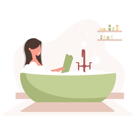 Girl in bathtub reading book Illustration
