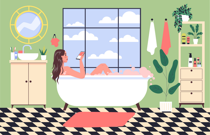 Girl in bathtub using smartphone Illustration