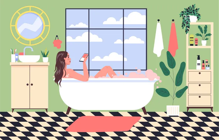 Smartphone Addiction Concept Illustration Young Woman Spend Time Surfing The Internet Lying In The Bathtub Girl Taking Bath In The Bathtub With Mobile Phone In The Hand Vector Illustration Illustration