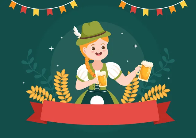 Girl in Bavarian Costume Holding Beer Glass  Illustration