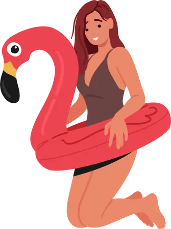 Energetic Woman Character With Inflatable Flamingo Ring Joyfully Leaps Into The Air Wearing Brown Swimsuit Exuding Happiness And Confidence In Her Beach Attire Cartoon People Vector Illustration Illustration