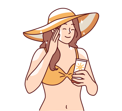 Girl in bikini applying sunscreen at beach  Illustration