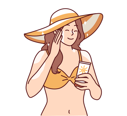 Girl in bikini applying sunscreen at beach  Illustration