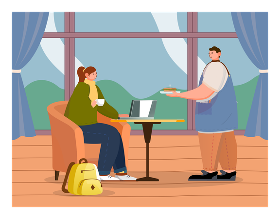 Girl in cafe at the table and waiter brings the order  Illustration