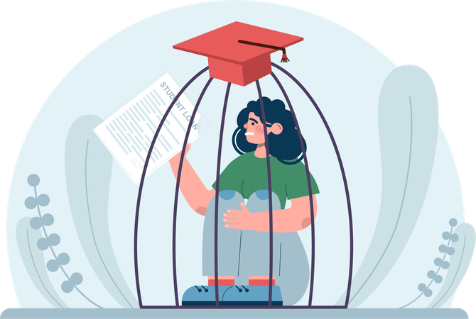 Girl in cage while need student loan  Illustration