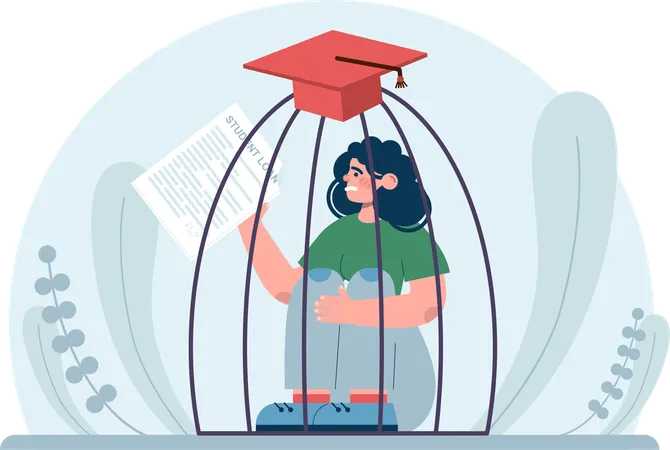 Girl in cage while need student loan  Illustration