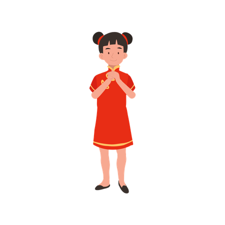 Girl in chinese traditional dress giving salute  Illustration