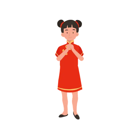 Girl in chinese traditional dress giving salute  Illustration