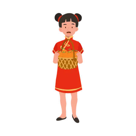 Girl in chinese traditional dress holding basket of oranges  Illustration