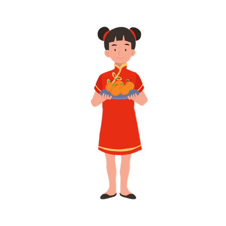 Girl in chinese traditional dress holding basket of oranges  Illustration