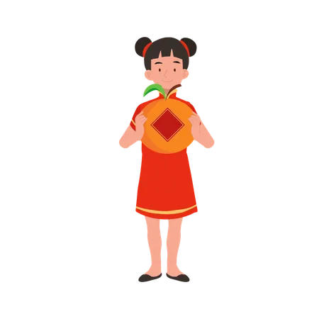 Girl in chinese traditional dress holding big orange  Illustration