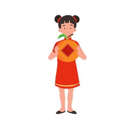 Girl in chinese traditional dress holding big orange  イラスト