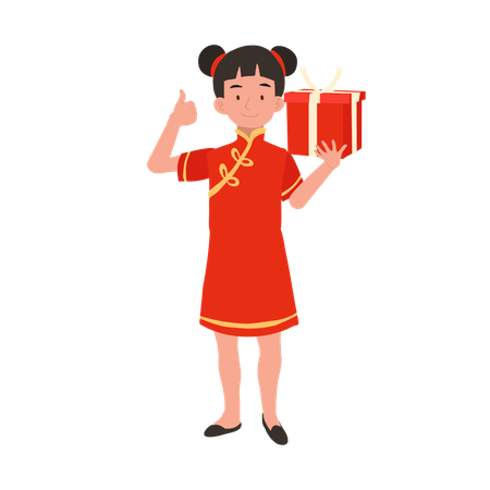 Girl in chinese traditional dress holding gift box  Illustration