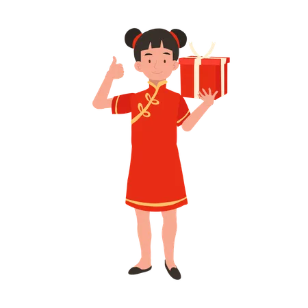 Girl in chinese traditional dress holding gift box  Illustration
