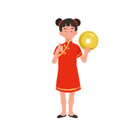 Girl in chinese traditional dress holding gold coin  Illustration