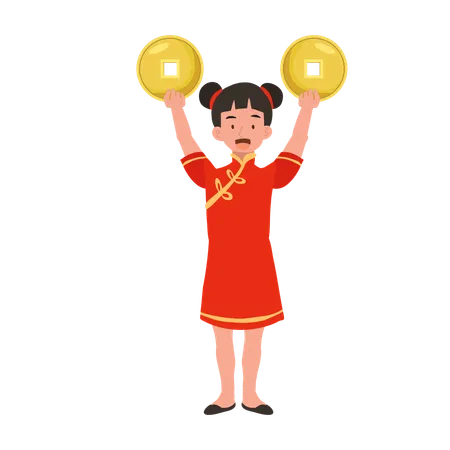 Girl in chinese traditional dress holding gold coins  Illustration
