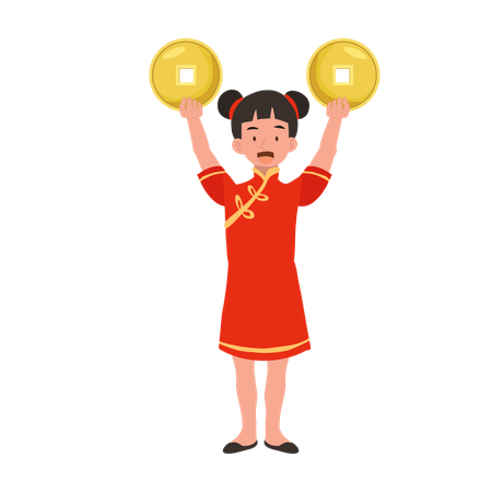 Girl in chinese traditional dress holding gold coins  イラスト
