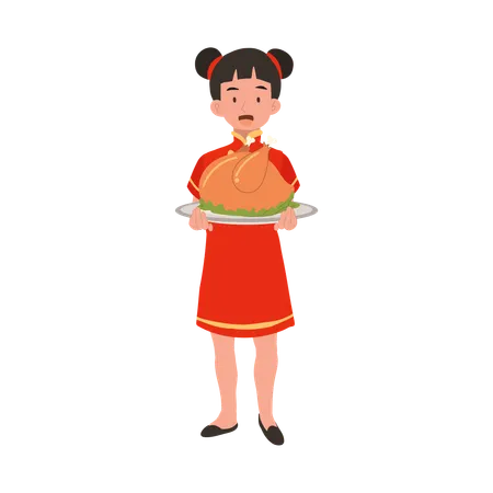 Girl in chinese traditional dress holding meat plate  Illustration