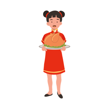 Girl in chinese traditional dress holding meat plate  イラスト