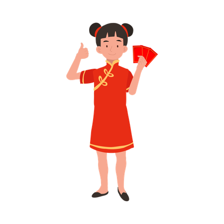 Girl in chinese traditional dress holding red envelope  일러스트레이션
