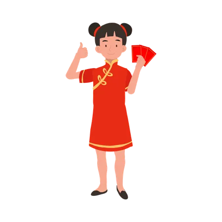 Girl in chinese traditional dress holding red envelope  Illustration