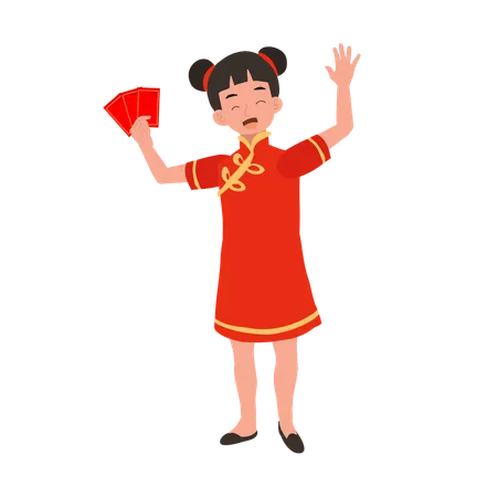 Girl in chinese traditional dress holding red envelope  일러스트레이션