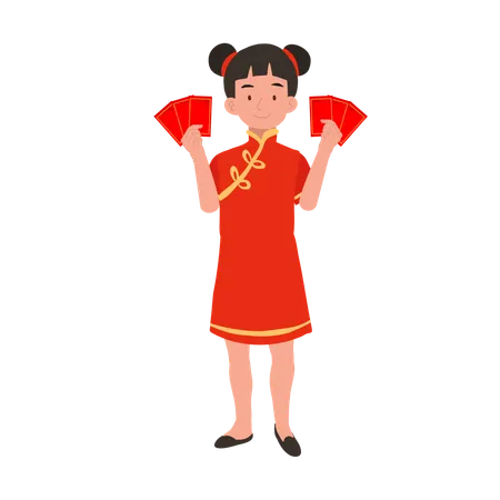 Girl in chinese traditional dress holding red envelope  Illustration