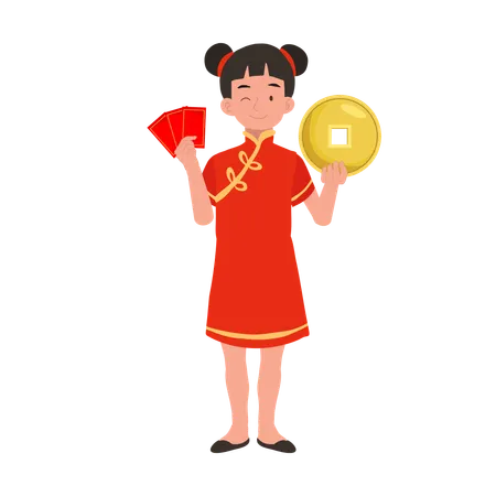 Girl in chinese traditional dress holding red envelope and gold coin  イラスト