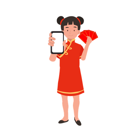 Girl in chinese traditional dress holding red envelope and mobile  Illustration