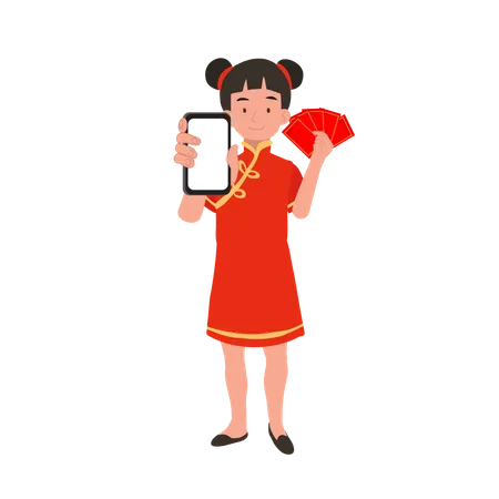 Girl In Chinese Traditional Dress Holding Red Envelope And Mobile 일러스트레이션
