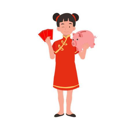 Girl in chinese traditional dress holding red envelope and piggy bank  Illustration