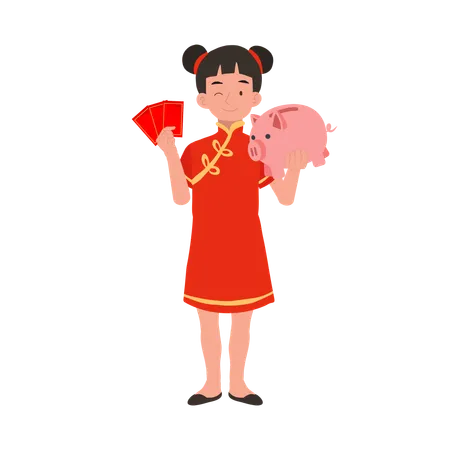 Girl In Chinese Traditional Dress Holding Red Envelope And Piggy Bank Illustration