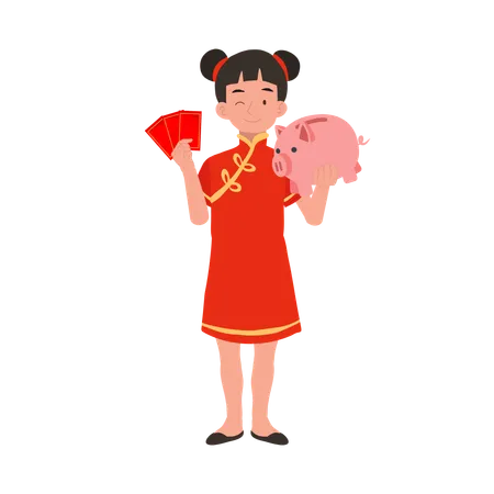 Girl in chinese traditional dress holding red envelope and piggy bank  Illustration