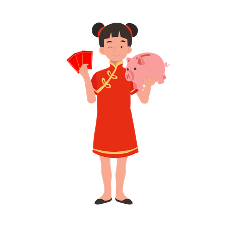 Girl in chinese traditional dress holding red envelope and piggy bank  イラスト