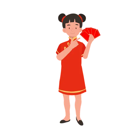 Girl in chinese traditional dress holding red envelope  Illustration