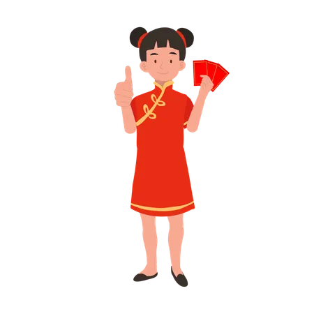 Girl in chinese traditional dress holding red envelope  Illustration