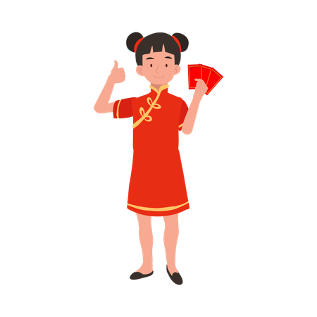 Girl in chinese traditional dress holding red envelope  イラスト