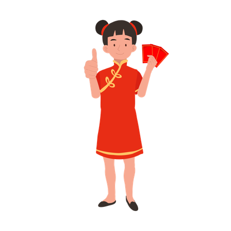 Girl in chinese traditional dress holding red envelope  イラスト