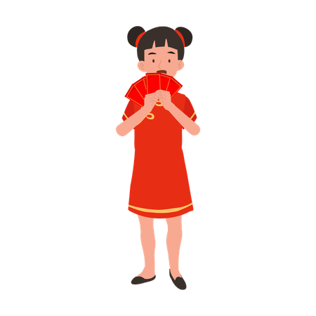 Girl in chinese traditional dress holding red envelope  イラスト