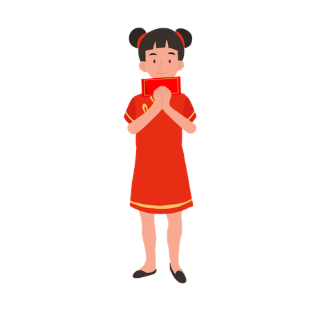 Girl in chinese traditional dress holding red envelope  イラスト