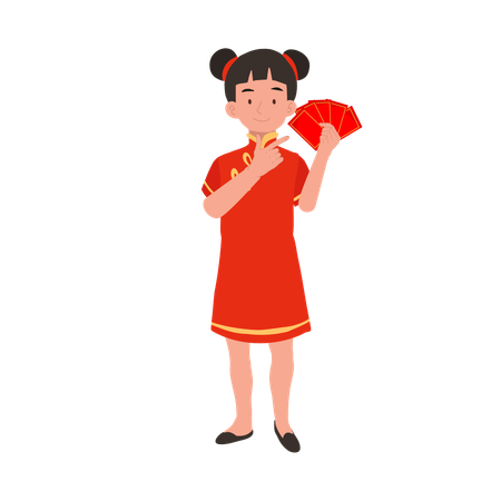 Girl in chinese traditional dress holding red envelope  イラスト