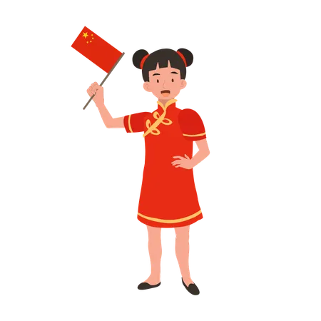 Girl in chinese traditional dress holding red flag  Illustration