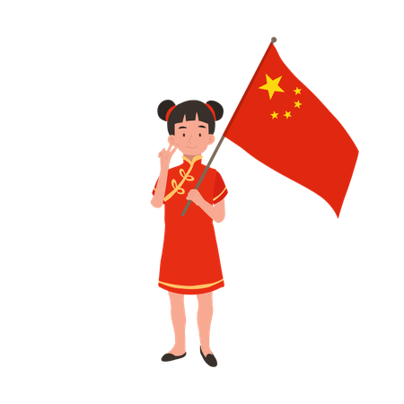 Girl in chinese traditional dress holding red flag  일러스트레이션