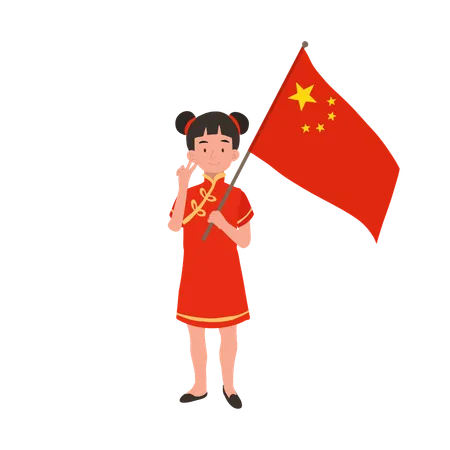 Girl In Chinese Traditional Dress Holding Red Flag 일러스트레이션