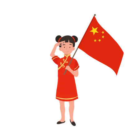 Girl In Chinese Traditional Dress Holding Red Flag イラスト