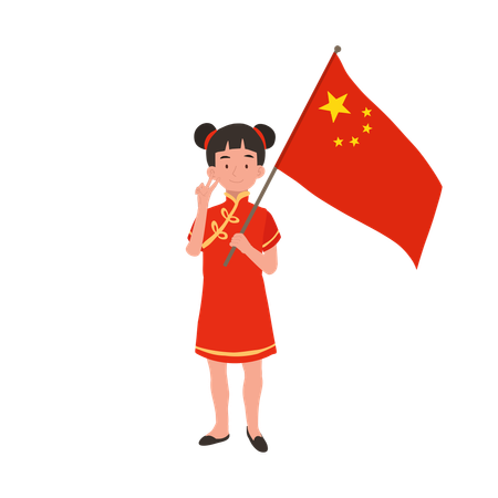 Girl in chinese traditional dress holding red flag  Illustration